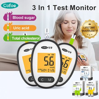 Cofoe 3in1 Đa chức năng Axit Uric Cholesterol Đồng hồ đo đường huyết Tiểu đường Bộ kiểm tra axit Uric Hệ thống theo dõi đường huyết
