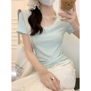 NZN Áo thun ngắn tay cổ tròn màu xanh gợi cảm dành cho nữ mùa hè
