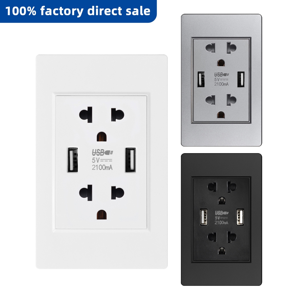 Ổ cắm điện treo tường Viswe với 2 cổng sạc USB, 5V 2.1A, bảng nhựa ổ cắm đôi, Trắng / Đen / Xám