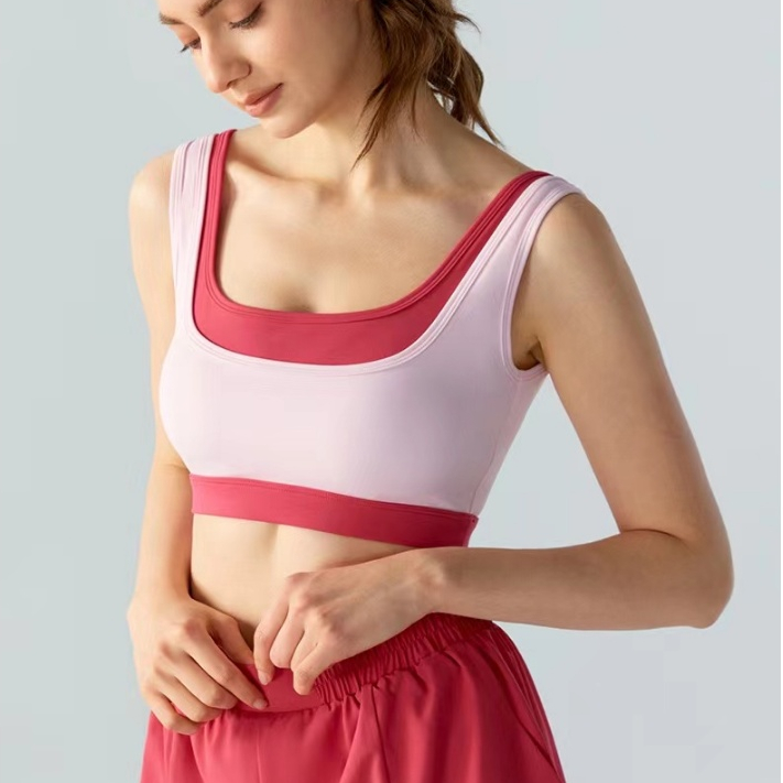 Áo vest yoga mùa xuân mùa hè có miếng đệm ngực Spice bé gái giả hai màu tương phản áo vest thể dục chạy chống sốc tập hợp áo ngực thể thao nữ