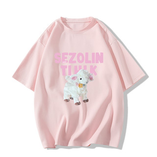 SELVZE Áo thun cổ tròn cotton nguyên chất in hình cừu thời trang và dễ thương áo thun ngắn tay dáng rộng dành cho nữ