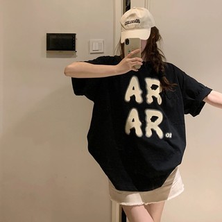 Áo thun nữ cổ tròn in chữ dáng rộng Áo thun ngắn tay Cotton đa năng hàng đầu