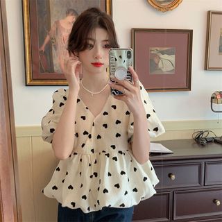 Áo kiểu dáng ngắn tay cổ chữ V cổ cao có cổ chữ V