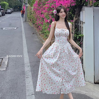 Phiên Bản Hàn Quốc Tươi Nữ Du Lịch Kỳ Nghỉ Hoa Sling Váy Dài Slim-fit Hẹp Eo Dài Vừa Vặn Ren Khâu In Hình Không Tay A @ -