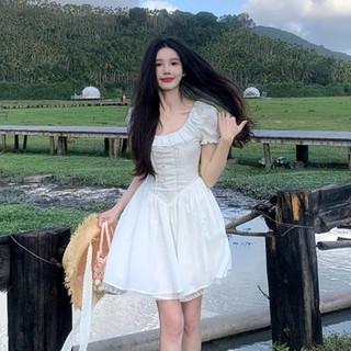 Phiên Bản Hàn Quốc Tươi Du Lịch Kỳ Nghỉ Trắng Váy Chữ A Nữ Slim-fit Hẹp Thiết Kế Cao Cấp Ren Khâu Tròn Ne