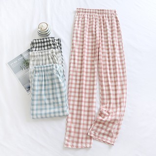 Quần ngủ nữ dài ống rộng cotton kẻ caro thời trang