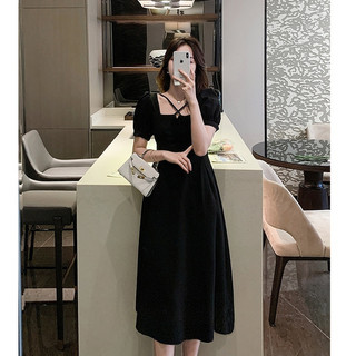 Dây Cổ Vuông Màu Trơn Midi Đầm ôm Mùa Hè Slim Fit Cổ Vuông Chữ A Đầm Đen