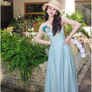 Kỳ nghỉ du lịch Pháp Váy dài màu xanh Sling dành cho nữ Slim-fit Thiết kế cao cấp eo hẹp Trang trí hoa ba chiều không tay dài vừa phải A @