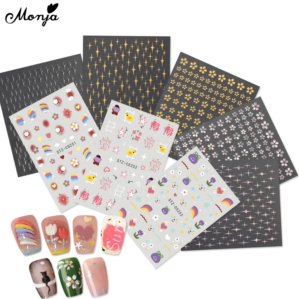 Monja Nhãn Dán Móng Tay Tự Dính Họa Tiết Hoa Ngôi Sao Ba Chiều Dễ Thương Hỗn Hợp Trang Trí Móng Nghệ Thuật Tự Làm