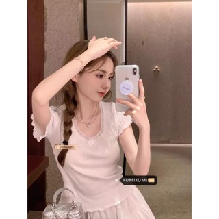 kumikumi Áo thun thêu ren sang trọng dành cho nữ mùa hè Slim Fit Top