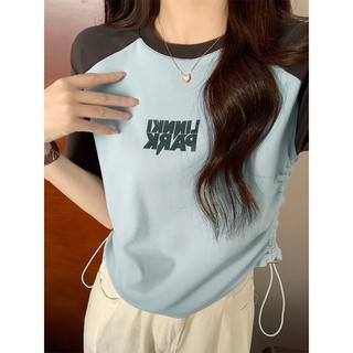 NZN Áo thun ngắn tay toàn vai thời trang dành cho nữ Áo crop top cotton mùa xuân có chữ khâu tương phản