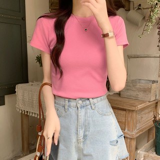 NZN Áo thun crop toàn vai phong cách Hàn Quốc nữ tay ngắn mùa hè chất lượng cao màu trơn co giãn hàng đầu