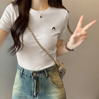 NZN Áo thun ngắn tay hai vai thêu trắng chất lượng cao thời trang dành cho nữ Áo thun ngắn tay đơn giản giản giản dị crop top