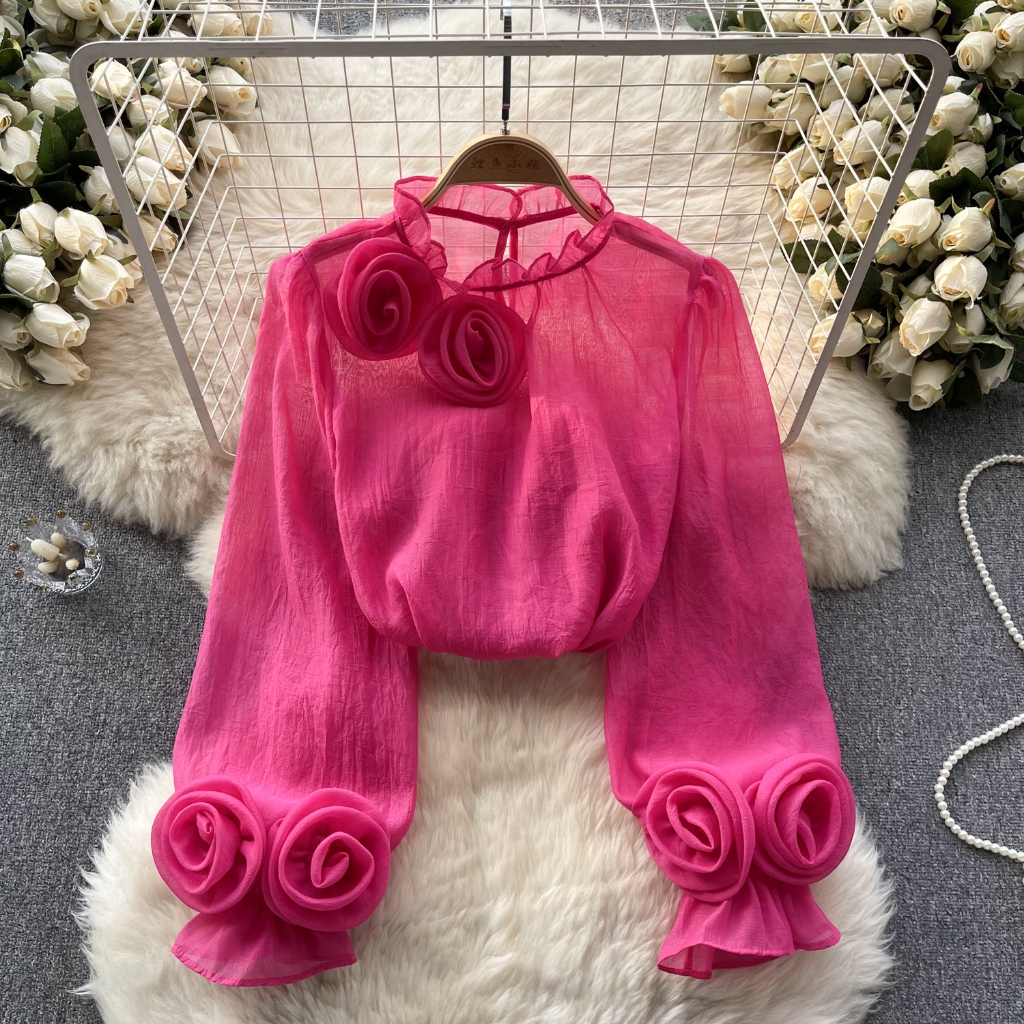 Phong Cách Hàn Quốc Nữ Nữ Voan Puff Áo Sơ Mi Dài Tay Baju Baju Wanita Lengan Panjang Hàng Mới Sẵn Có