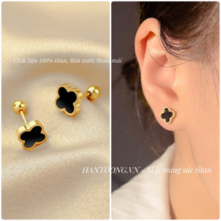 Khuyên tai titan không gỉ mạ vàng 24k hình cỏ 4 lá bản nhỏ xinh xắn thời trang trẻ trung dành cho nữ