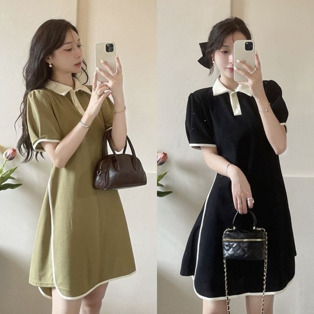 Đầm cổ polo tay phồng dáng rộng màu trơn phong cách Hàn Quốc thời trang mùa hè cho nữ