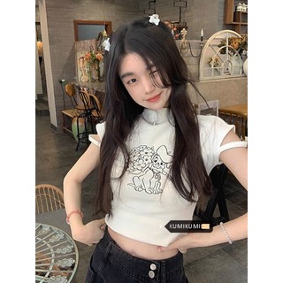 kumikumi Áo thun nữ cổ cao nửa cổ trắng ngắn tay ôm vừa vặn mùa hè