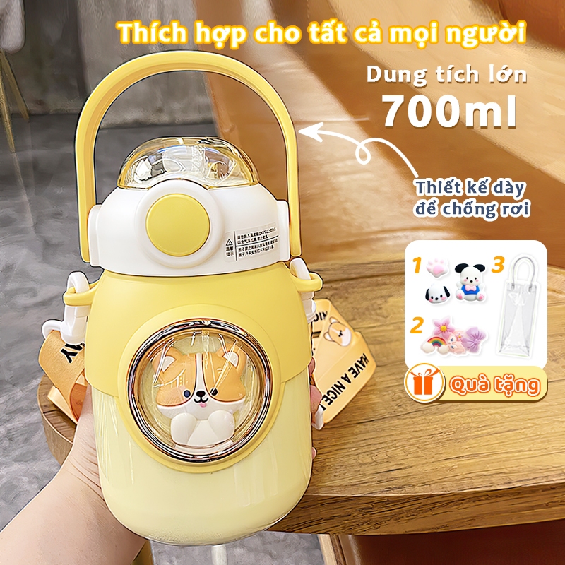 Bình nước giữ nhiệt 700ML INOX 316 họa tiết cute, bình giữ nhiệt cho bé có dây đeo tặng kèm sticker 2D, 3D, bộ rửa bình