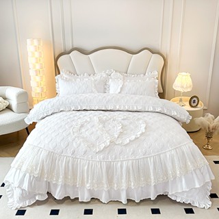 Bộ chăn ga gối 4 trong 1 trơn có ren Đơn Queen King Size Màu trắng Hoa văn tình yêu INS Phong cách Quilted Duvet Cover Drap giường Vỏ gối
