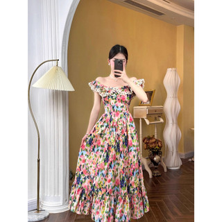 QKOOLE Phụ nữ Pháp mới Cổ vuông đầy màu sắc lệch vai Tranh sơn dầu Váy dài tối giản dành cho nữ