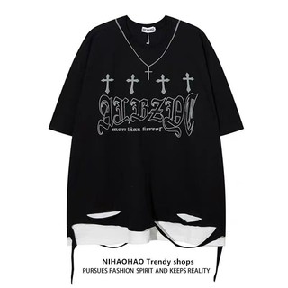 [Phong cách mới 2024] Dòng thiết kế, in chéo Mỹ, thiết kế dáng rộng hiphop đường phố, may thiết kế viền, thiết kế hai mảnh giả, áo thun ngắn tay chất lượng cao