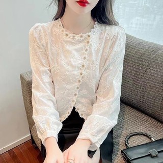Áo sơ mi cổ tròn ren dài tay dáng rộng dành cho nữ Hàn Quốc