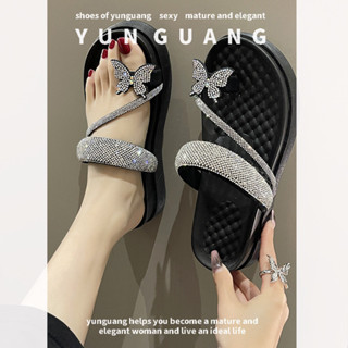  Yunguang Dép xỏ ngón phong cách mới dành cho nữ có nơ kim cương giả khi đi chơi tại nhà dép xỏ ngón thoải mái và chống trượt 