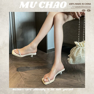 Muchao Dép cao gót mới trong suốt cao su mềm đầu vuông nhúm kim cương giả chữ mỏng gót chân trung bình dép