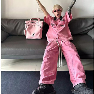  YAZHINIAO Quần Yếm dopamine Ống Rộng Thẳng Nhiều Màu Hồng Đường Phố Mỹ Cao Cấp 