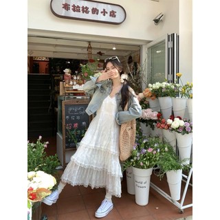 Porozi Đầm dài chắp vá ren trắng rộng rãi và giảm béo cho nữ phong cách ngày lễ