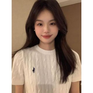 Áo len ngắn tay thêu logo ngựa retro xoắn cotton nữ