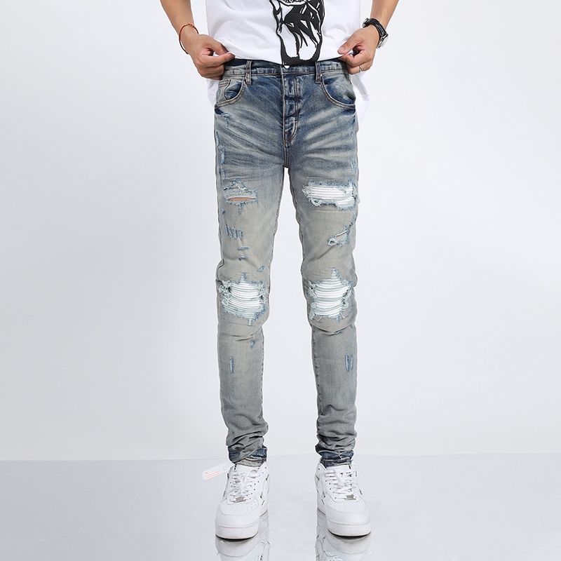 Amiri  High Street Fashion New Jeans Elastic Slim Fit Retro Split Men's Light Blue Jeans Hip Hop Brand Pants