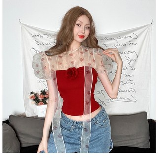 Cutenew Sheer Mesh Spliced Áo thun ngắn tay nữ mùa hè Hàn Quốc Thiết kế hoa 3D Slim Fit Crop Top