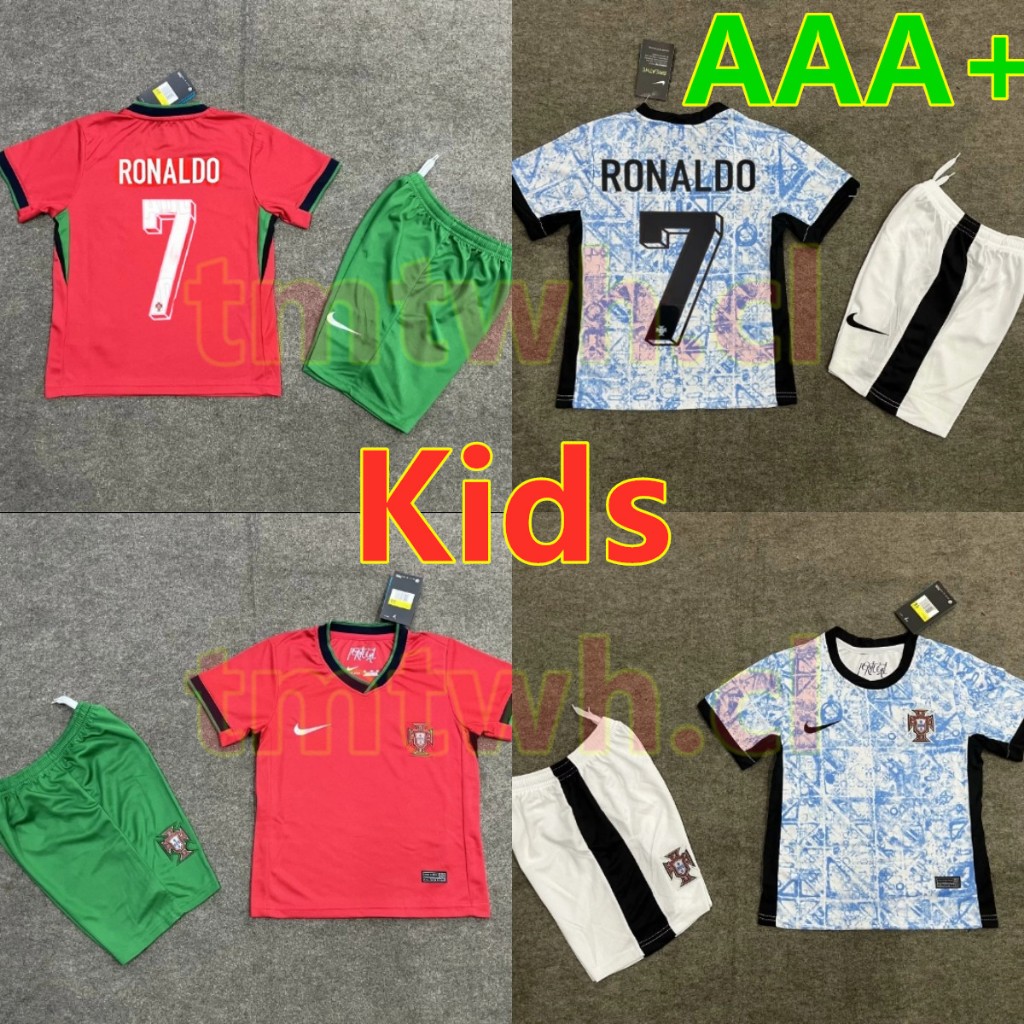 Áo bóng đá trẻ em Ronaldo Bồ Đào Nha 2024 Xanh đỏ