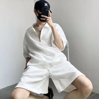 2024 Cao Cấp Hàn Quốc Rời Bộ Đồ Thể Thao Nam Mùa Hè Băng Lụa Nam Tay Ngắn Cổ Áo Polo Dây Kéo Áo Thun + Quần Short Bộ Học Sinh Hai Mảnh Thông Thường Bộ Đồ Thể Thao Kích Thước Plus