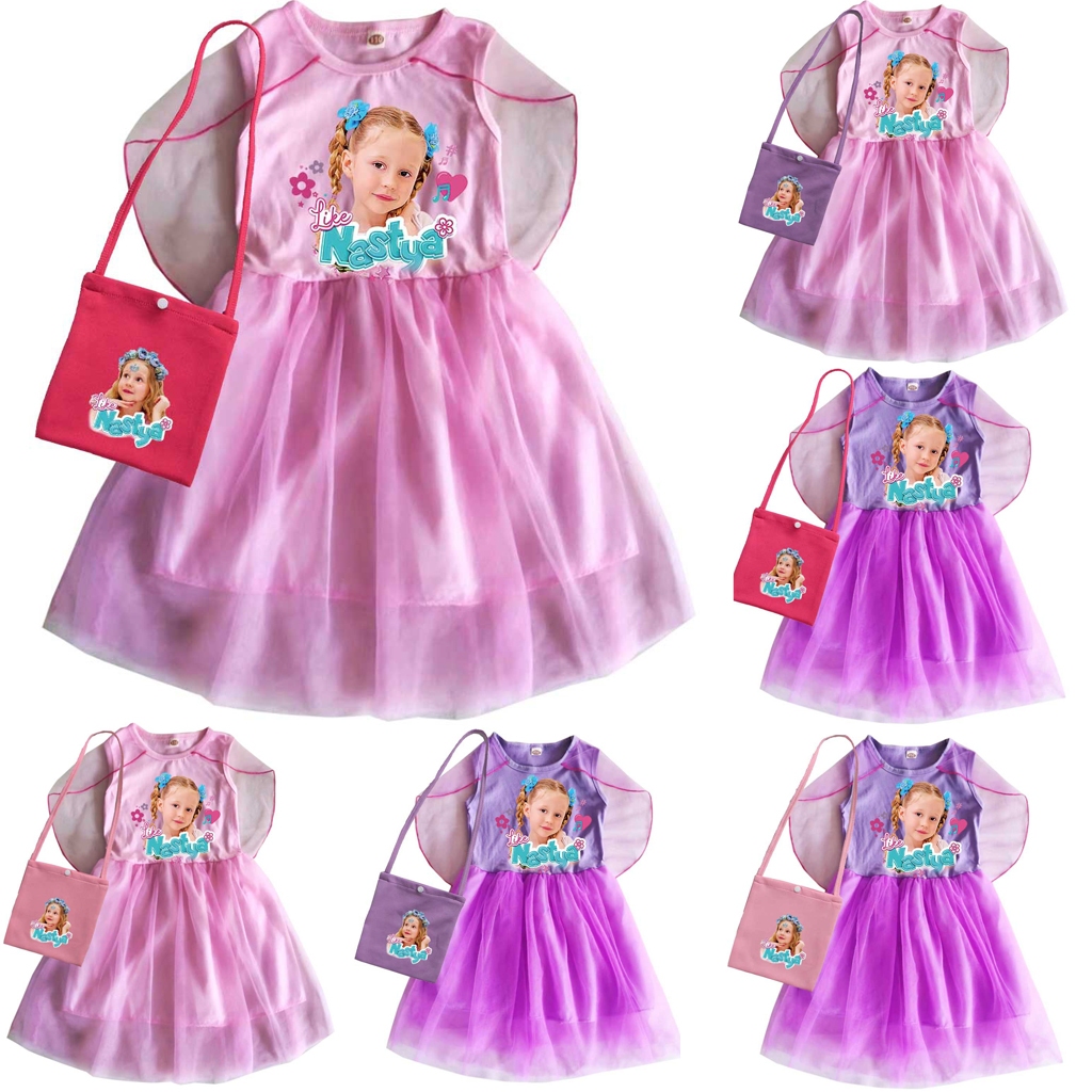 Hoạt Hình Nastya Trẻ Em Bé Gái 2 Chiếc Đầm + Bộ Túi Cotton Không Tay + Váy Tiệc Sinh Nhật Vải Tuyn C