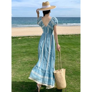 Bầu không khí mùa hè của khu nghỉ mát bên bờ biển Nữ Phong cách dân tộc màu xanh dịu dàng Tính khí Retro Mới Phong cách Trung Quốc Váy dài