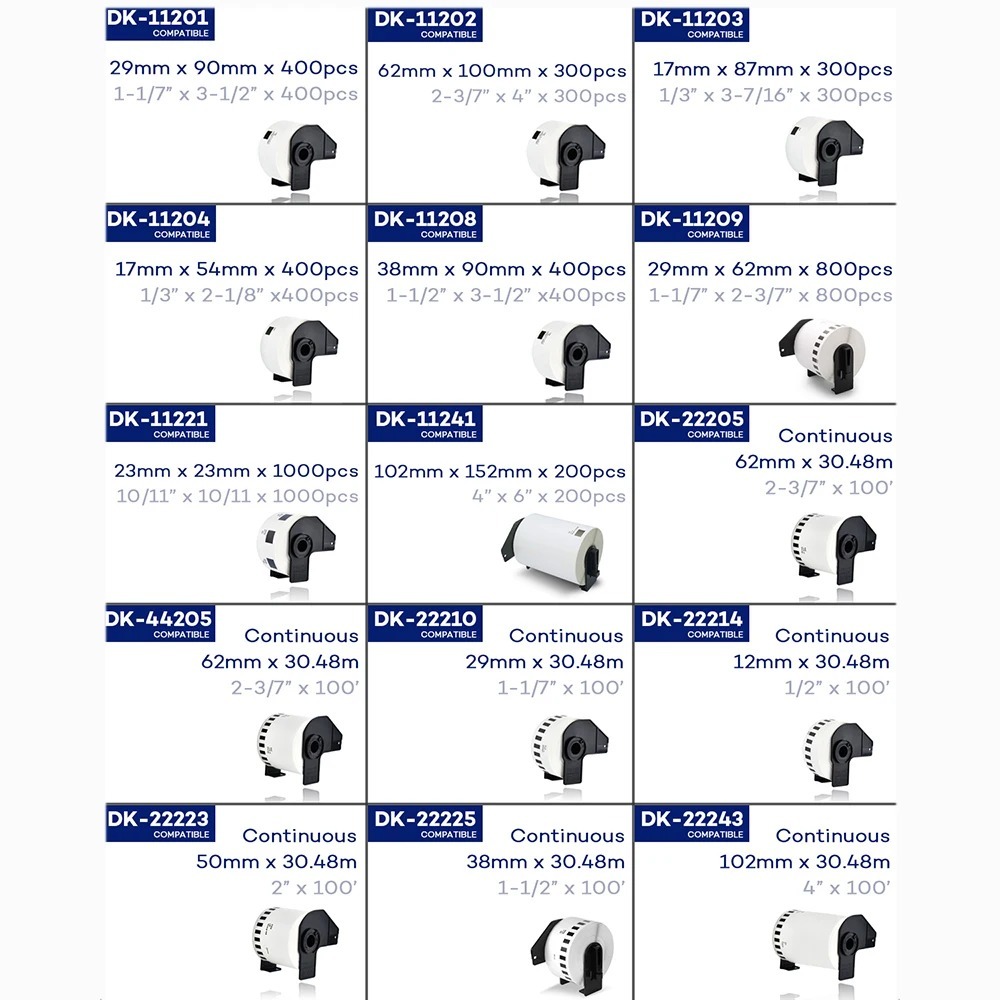 Giấy dán nhãn nhiệt Brother tương thích DK Rolls DK-22205 DK-22210 DK-11209 DK-11208 DK-11204 DK-112