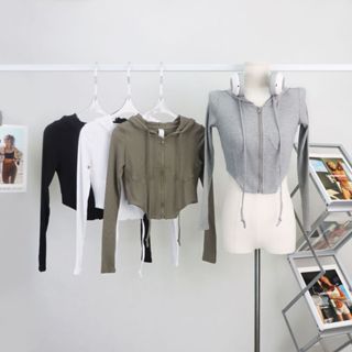 Áo khoác thể thao dài tay có mũ crop kiểu Mỹ dành cho nữ