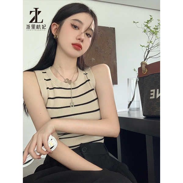 Áo Vest Dệt Kim Sọc Nữ Cổ Tròn Dệt Kim Không Tay Đáy Áo Vòng Cổ Miễn Phí | BigBuy360 - bigbuy360.vn