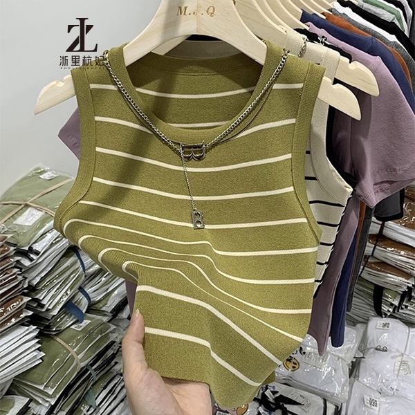 Áo Vest Dệt Kim Sọc Nữ Cổ Tròn Dệt Kim Không Tay Đáy Áo Vòng Cổ Miễn Phí | BigBuy360 - bigbuy360.vn