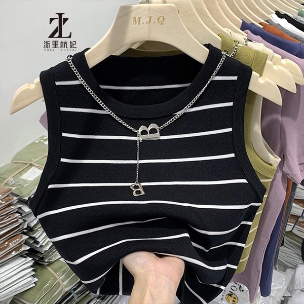 Áo Vest Dệt Kim Sọc Nữ Cổ Tròn Dệt Kim Không Tay Đáy Áo Vòng Cổ Miễn Phí | BigBuy360 - bigbuy360.vn