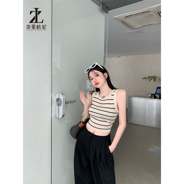 Áo Vest Dệt Kim Sọc Nữ Cổ Tròn Dệt Kim Không Tay Đáy Áo Vòng Cổ Miễn Phí | BigBuy360 - bigbuy360.vn