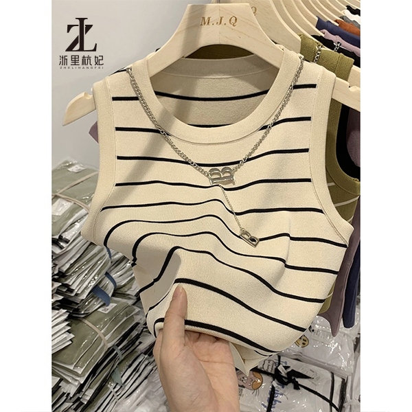 Áo Vest Dệt Kim Sọc Nữ Cổ Tròn Dệt Kim Không Tay Đáy Áo Vòng Cổ Miễn Phí | BigBuy360 - bigbuy360.vn