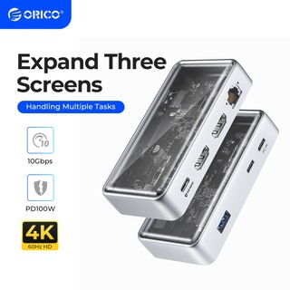 Đế mở rộng ORICO USB C Type C sang 4K60Hz DP HDMI Com 3 Màn hình khác nhau RJ45 PD 7 trong 1 HUB đa âm thanh 10Gbps với cổng mạng có dây 2,5G (TM10)