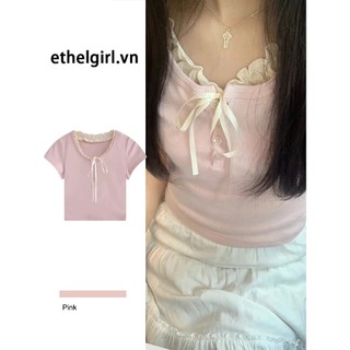 Ethelgirl Hàn Quốc Quần Áo Nữ Thời Trang Nơ Slim Fit Áo Thun Tay Ngắn Thường Ngày Phù Hợp Với Hàng Đầu