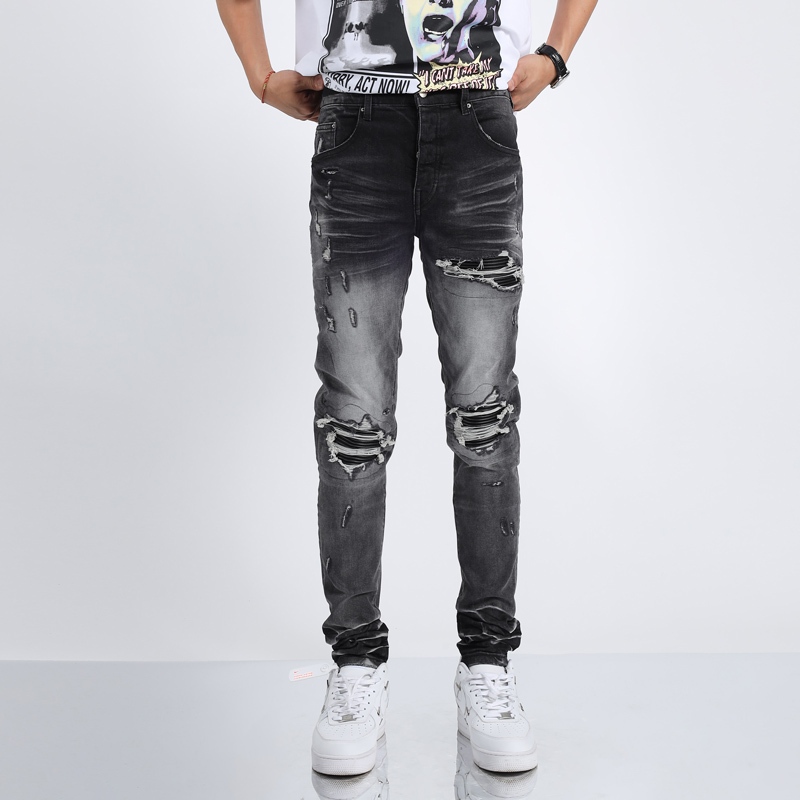 Amiri  High Street Fashion New Jeans Elastic Slim Fit Retro Split Men's Light Blue Jeans Hip Hop Brand Pants