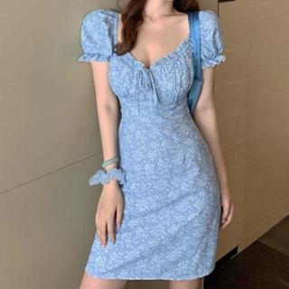xanh ✨ Phong Cách Pháp Cổ Vuông Nhỏ Váy Ngắn Mùa Hè ✨ đầm freesize（NVZA095）