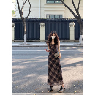 「MOTEL7」 Đầm Gạc Kim Cương Màu Sắc Tương Phản Mùa Hè Niche Sling Đầm Dài Slim-fit