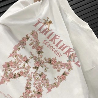 Họa tiết hoa đẹp Áo thun nữ cổ tròn dễ thương Xu hướng phụ nữ T -Shirt 100% cotton
